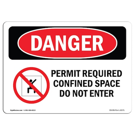 OSHA Danger Sign, Permit Required Confined, 5in X 3.5in Decal, 10PK